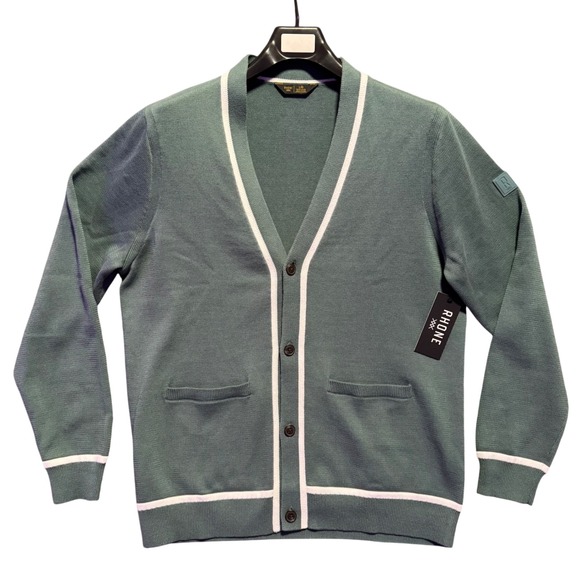 RHONE Earl Golf Cardigan Mens Large Tidal Green White Trim Button Front Sweater - Picture 1 of 11